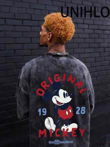 Disney UNIHLO  Mickey   Printed Summer Heavyweight Retro Washed Street Fashion Casual T-Shirt - Black - View 2