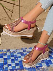 Women's Beaded & Rhinestone Embellished Wedge Heel Bohemian Style Sandals, Suitable For Teenagers, Summer - Hot Pink - View 5