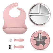 5件套/4件套不锈钢餐具套装，婴儿喂养用具，断奶工具，围兜，不锈钢盘子，不锈钢碗，不锈钢叉勺 - 彩色 - 查看 17