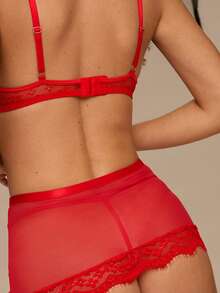 Enchnt 5入組蕾絲性感內衣: 1入組鋼圈胸罩、1入組吊帶褲帶、1入組丁字褲、2雙組長筒襪 - 紅色 - 查看 6