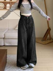女式口袋宽松阔腿休闲牛仔裤
