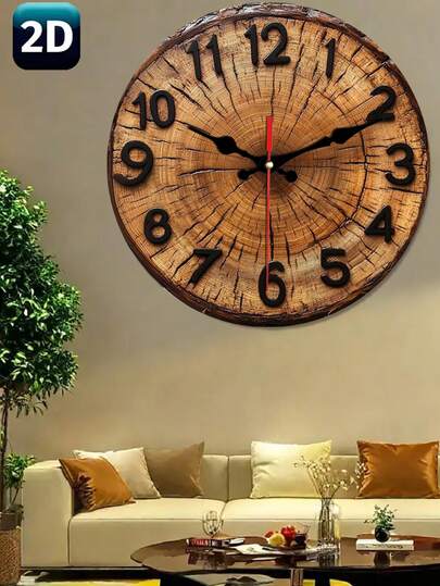 1pc 10"/12" 2D Round Wooden Wall Clock, Visible Wood Grain & Annular Rings - Classic Black Numerals & Hands, Suitable For Home, Office, Cafe, Living Room, 2D Flat Room Decor, Bedroom, Dorm, Back To School, School Surprise, Home Decor, Study Supplies