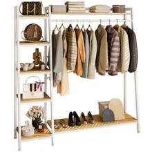 CYPerchero Para Ropa con 5 Estantes Para Colgar Ropa Madera con Estantes armarios para ropa Perchero Para Ropa de Metal Independiente Blanco Blanco - Blanco - Ver 1