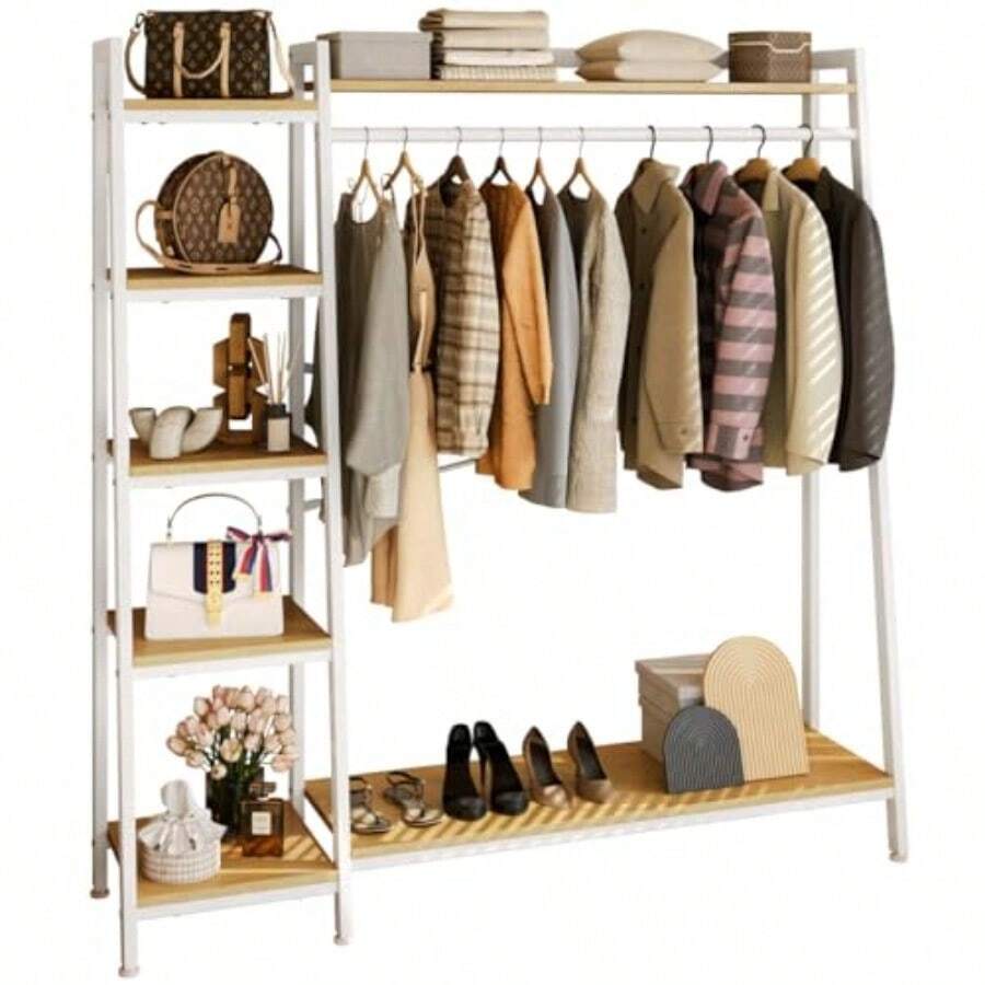 CYPerchero Para Ropa con 5 Estantes Para Colgar Ropa Madera con Estantes armarios para ropa Perchero Para Ropa de Metal Independiente Blanco Blanco - Blanco - Ver 1