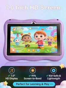 Qetupa 7英吋 Android 15 兒童平板電腦，兔子設計，附防震保護殼，4GB RAM + 64GB ROM（支援 1TB 擴充儲存），1024*600 IPS 觸控螢幕，4000mAh 電池，0.5MP + 2.0MP 雙鏡頭（不含適配器） - 紫色 - 查看 5