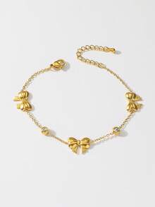 Bowknot Bracelet With Rhinestones, Delicate Accessory With Feminine Charm - Gold - View 7