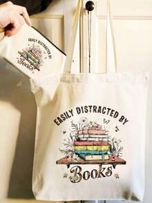 1/2pcs Set Large Capacity Beige Canvas Floral & Book Themed Printed Tote Bag And Zipper Storage Bag Set, Fashionable Floral & Book Themed Shoulder Bag, Shoulder Bag, Multifunctional Portable Travel Storage Makeup Set, Suitable For Back To School, Graduation, Travel, Birthday, Anniversary, Teacher's Day, Thank You Gifts, Essential For Students And Teachers, Great For Travel