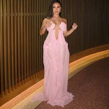 European And American Style Summer New Pure Desire Mesh Patchwork Low-Cut Halter Backless Irregular Dress - 粉色 - 查看 1