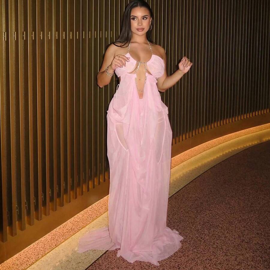 European And American Style Summer New Pure Desire Mesh Patchwork Low-Cut Halter Backless Irregular Dress - 粉色 - 查看 1