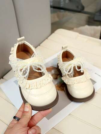 New Girls Gentle Style Small Leather Shoes With Lace Pearl Bow, Soft Sole Anti-Slip Princess Shoes, Versatile For Spring And Autumn, Student Shoes