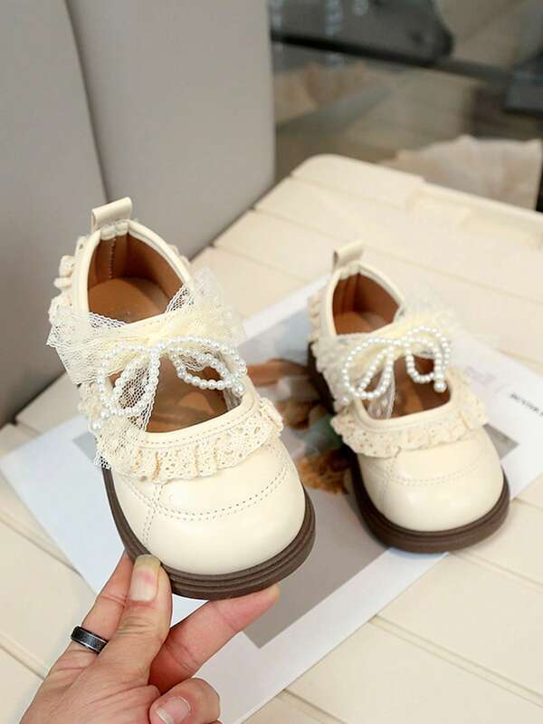 New Girls Gentle Style Small Leather Shoes With Lace Pearl Bow, Soft Sole Anti-Slip Princess Shoes, Versatile For Spring And Autumn, Student Shoes