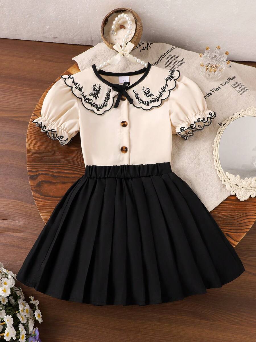 2pcs/Set Girls Elegant Casual Floral Embroidery Blouse & Pleated Skirt Outfit, Summer - Apricot - View 1