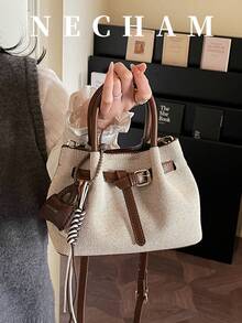 1pc Unique Design Handbag With Pendant, Snap Closure Contrast Color Shoulder Bag, Fabric And PU Material, Suitable For Work, Shopping, Dating, Travel - Brown - View 8