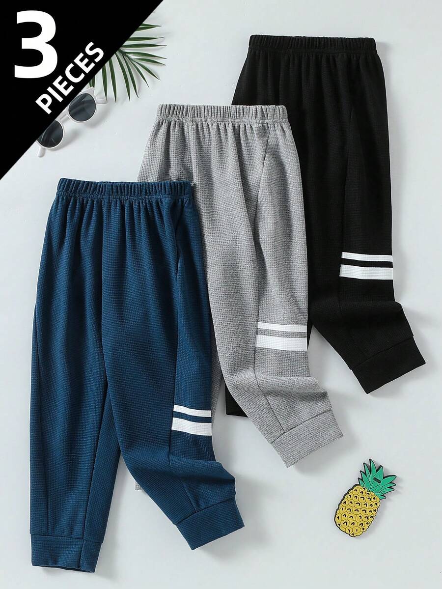 3条装儿童男童休闲抽绳裤，轻便日常裤，适合4-12岁儿童，春夏款 - 彩色 - 查看 1