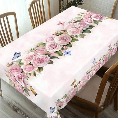 1枚 春の花柄テーブルクロス、ピンクのバラとチョウのパターンデザイン、長方形&丸型テーブルクロス、春のインテリア、バレンタインデー、母の日、ウェディングシーズンのパーティーテーブルクロス、キッチン用品、室内&屋外の装飾、理想的なギフト