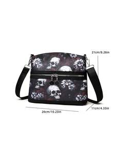 女士时尚斜挎包 - 轻便牛津布材质，可调节肩带，骷髅印花，万圣节主题单肩包 - 紅色 - 查看 4