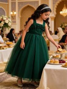 花朵泡泡纱长裙，年轻女孩演出礼服 - 墨綠色 - 查看 3