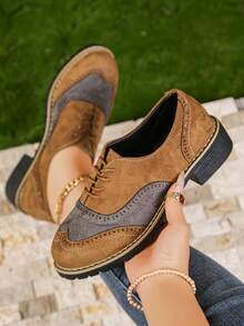 女士新款双色厚底系带圆头休闲鞋，厚底坡跟，增高，四季皆宜