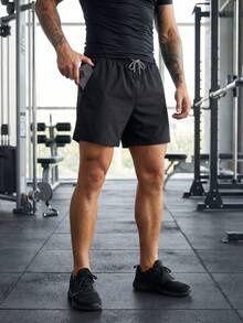 男士运动短裤，男友风，夏季及膝短裤，简约弹力印花裤，抽绳带口袋，适合跑步、健身、篮球等运动。 - 黑色 - 查看 6