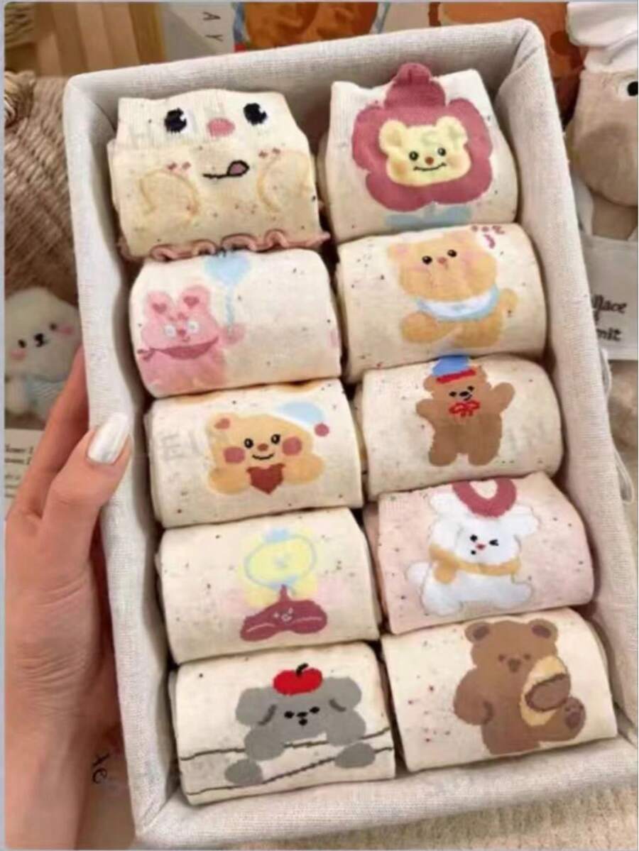 1 Pair/3 Pairs/5 Pairs/10 Pairs Cute Cartoon Rabbit & Bear Pattern Contrast Lace Socks, Soft & Comfortable, Suitable For All Seasons, Versatile For Sweet & Casual Outfits - Multicolor - View 1