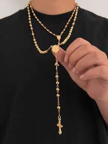 2pcs Minimalist Cross Pendant Necklace Set, Personalized Beaded Y-Necklace, Suitable For Daily Wear, Parties And Holiday Gifts - CCB Long Necklace - View 3