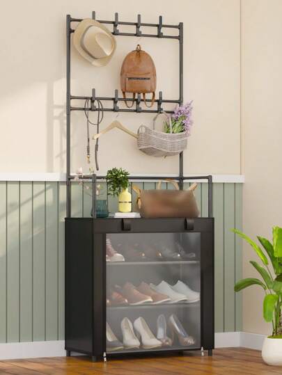 1 pieza Gabinete para zapatos de 4-5 niveles a prueba de polvo con estante de ganchos multiusos montado en la pared | Organizador de entrada todo en uno para zapatos/abrigos/bolsos/sombreros | Diseño de perchero de metal ahorra espacio | Mueble de almacenamiento versátil para el pasillo, la sala de estar y el dormitorio