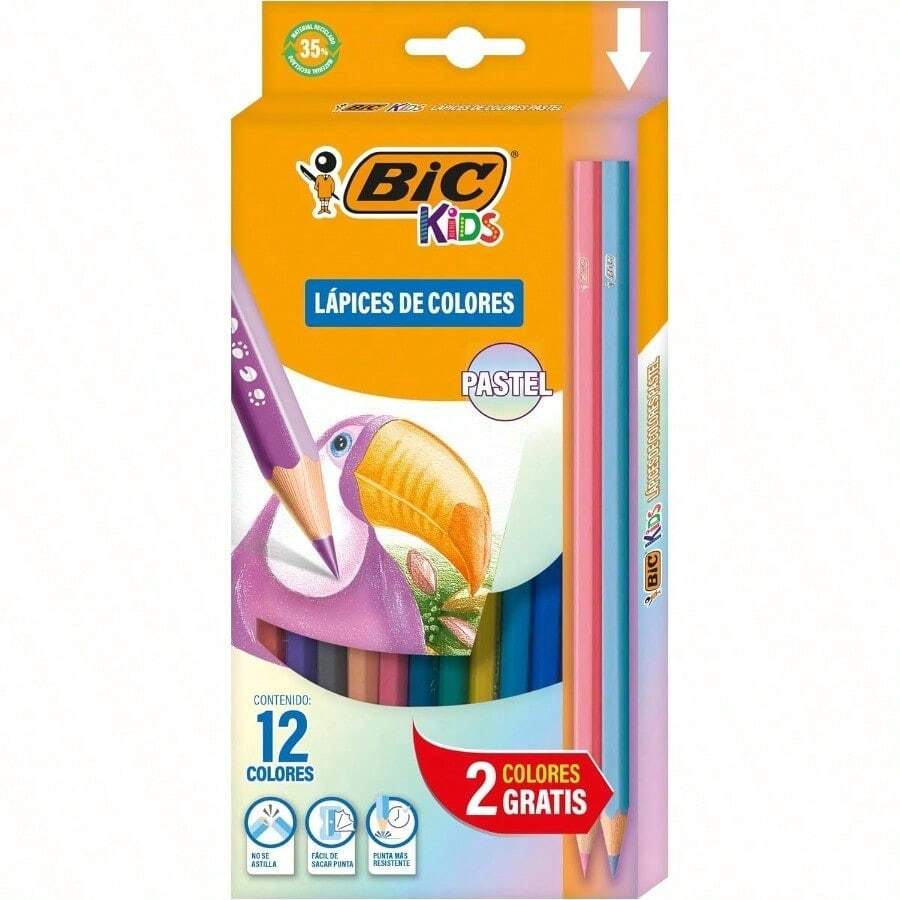 BIC, Lápices de Colores, BIC Kids Pastel, Hechos de Resina, No se Astillan, Fácil de Sacar Punta, Ideales para Dibujar y Colorear en la Escuela, 12 Colores Suaves + 2 Gratis - por defecto - Ver 1