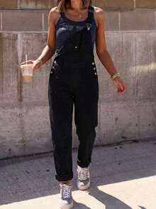Women's Casual Denim Bib Pants - Adjustable Straps, Front Chest Pockets, Loose Jumpsuit, Soft & Comfortable Fabric - Black - View 6