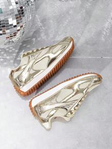 Giày thể thao nữ kiểu dáng bóng gương kim loại, giày thể thao lưới thoáng khí phong cách retro, giày casual đế dày hiện đại. - Vàng - Xem 10