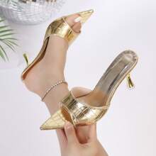 Giày sandal cao gót mũi nhọn thời trang nữ, thiết kế tối giản và thanh lịch, phù hợp cho đi làm, dự tiệc, họa tiết da cá sấu, giày cao gót da PU họa tiết động vật sang trọng, gợi cảm cho tiệc tùng, đám cưới, văn phòng, hoạt động ngoài trời, mùa xuân/hè. - Vàng - Xem 1
