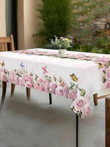 1pc Spring Floral Tablecloth, Pink Rose & Butterfly Pattern Design, Rectangular & Round Tablecloths, Spring Decor, Valentine's Day, Mother's Day, Wedding Season Party Tablecloth, Kitchen Accessory, Room & Outdoor Decor, Ideal Gift - Multicolor - View 5