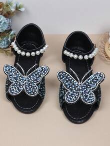 1 Pair Black Soft Leather Toddler/Little Girls' Flat Sandals With Colorful Rhinestone Butterfly Decor, Classic Open Toe, Non-Slip Soft Sole, Strap Design, Fashion Princess Sandals For 3-12 Years Old, Suitable For Daily, Holiday, Party Wear, Spring/Summer 2026 - Black - View 7