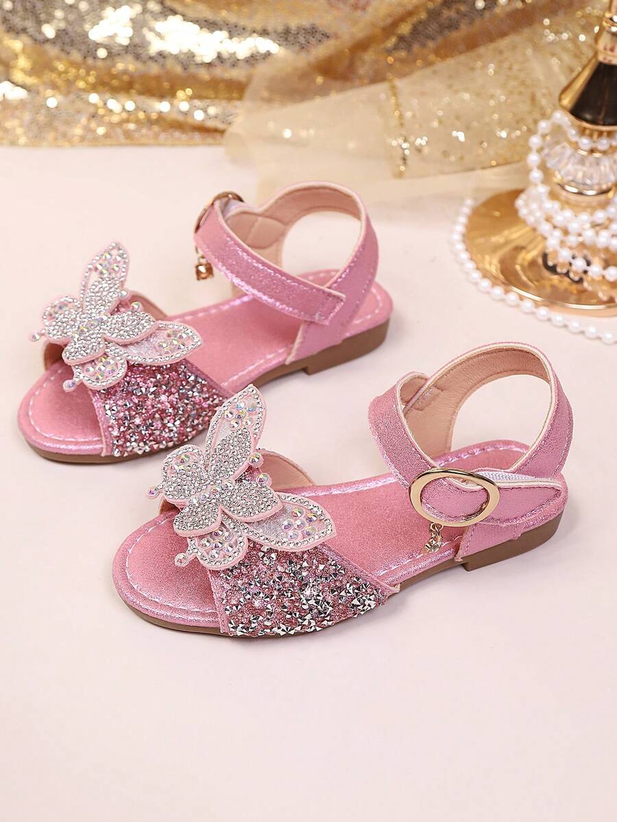 1 Pair Fuchsia Toddler/Little Girls' Flat Sandals, Soft Leather, Colorful Rhinestone Butterfly Decor, Classic Open Toe, Non-Slip Soft Sole, Adjustable Strap, Fashion Princess Sandals For 3-12 Years Old, Suitable For Daily, Holiday, Party, Spring/Summer 2026 - Hot Pink - View 1
