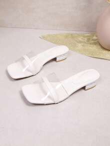 Sandálias Mule Slip-On Casuais Versáteis Leves de Salto Grosso e Bico Quadrado Francês Transparente, Fashionable - Branco - Visão 2