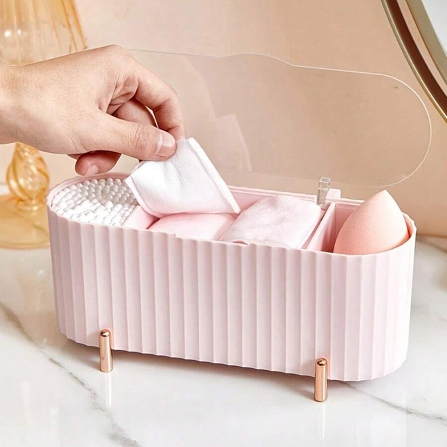 1pc Makeup Pad Swab Storage Box, Desktop Makeup Remover Pad, Toothpick, Dental Floss, Lipstick, Powder Compact Organizer Box With Cover, Dust-Proof Desktop Lipstick, Makeup Sponge, Makeup Brush Storage Box