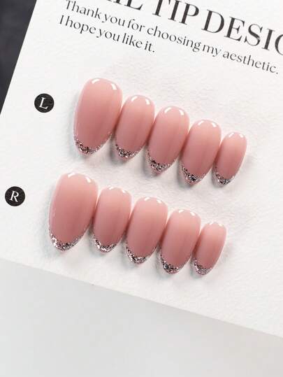 Enhance Your Temperament With 10 Handmade Almond Shaped Nail Patches, Light Purple Silver Loose Powder Acrylic Nails, Wearable Nail Art, Short Style, Almond Shaped Nail Art, Quick Nail Art