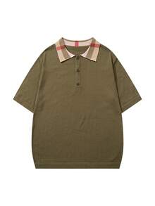 LOOKUN Colorblock Polo Shirt For Men, Plaid Collar Business Casual Knit Top, Fashionable Versatile Short Sleeve, Spring/Summer - Green - View 2