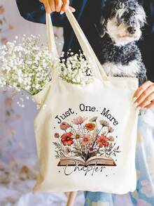 1/2pcs Set Large Capacity Beige Canvas Floral & Book Themed Printed Tote Bag And Zipper Storage Bag Set, Fashionable Floral & Book Themed Shoulder Bag, Shoulder Bag, Multifunctional Portable Travel Storage Makeup Set, Suitable For Back To School, Graduation, Travel, Birthday, Anniversary, Teacher's Day, Thank You Gifts, Essential For Students And Teachers, Great For Travel