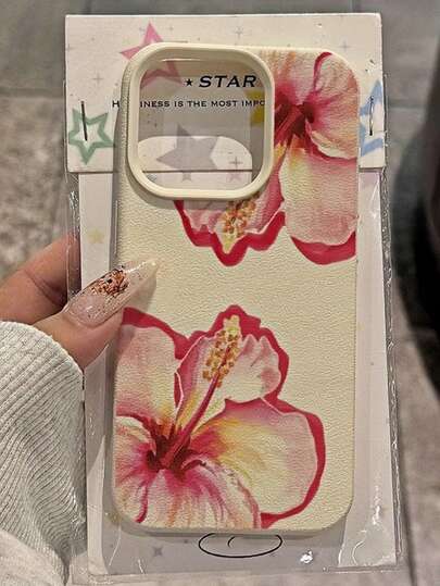 1 pieza Funda de teléfono a prueba de golpes con cobertura total, textura de cuero mate y diseño de flor de lirio rosa, compatible con iPhone11 12 13 14 15 16 17 Pro Max, A55/54/53/52/51, S25/24/23/22/21 Series