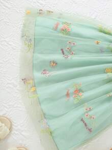 女童优雅夏季连衣裙 - 浅绿色花卉刺绣网纱连衣裙，泡泡袖，仿纽扣和荷叶边细节，适合春夏穿着 - 薄荷綠 - 查看 8