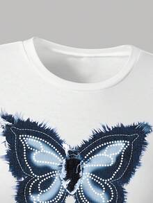 Teen Girls' Casual Everyday Commute Fashion Street Butterfly Print Pleated Fitted Short Sleeve T-Shirt And Pleated Denim Mini Skirt Set, Summer - White - View 5