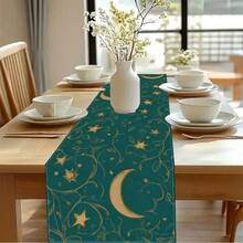 One Piece Set Of Ramadan Themed Table Runner, Featuring A Simple Ramadan Pattern Design - Green As The Main Color, Gold Crescent And Lantern Patterns, With Fresh Green Leaves And Floral Decorations. Polyester Rectangular Tablecloth, Suitable For Kitchens, Restaurants, Parties, And Homes, As Well As Rural Holiday Decorations. Available In Various Sizes, It Is An Ideal Choice As A Gift. - Multicolor - View 10