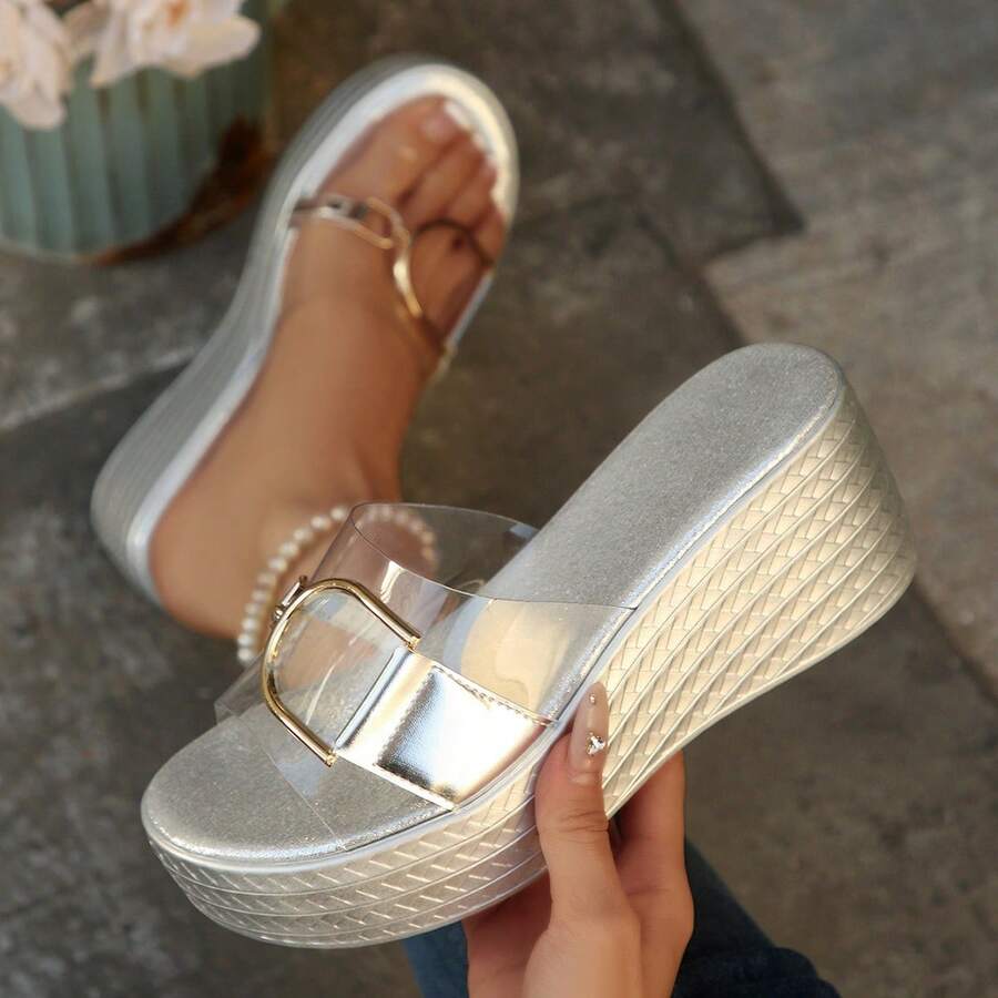 Sandalias de plataforma con suela gruesa, transparentes y con cierre deslizante, para mujer, de verano, súper tacón alto, impermeables. Modelo 2025 - Plateado - Ver 1
