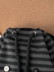 Black & White Striped Multi-Pocket Drawstring Backpack Casual Streetwear Bag School Bag Bookbag - Black - View 7