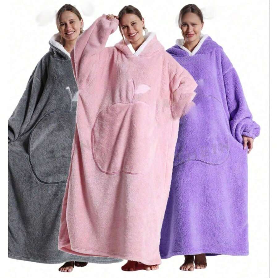 1 chiếc áo khoác có mũ trùm đầu kiêm chăn mặc được, cực dài, kèm túi lớn, unisex, siêu mềm mại và ấm áp, áo nỉ dày dặn có mũ, chăn mặc được sang trọng, đồ ngủ có mũ trùm đầu màu trơn mềm mại với túi lớn, áo hoodie lông cừu trang trí phòng tắm. - Nhiều màu - Xem 1
