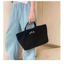 休闲简约字母帆布手提袋，时尚纯色手提包，高性价比百搭手提袋，适合妈妈、学生、上班族购物和外出使用。 - 黑色 - 查看 3