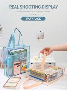 1pc A4 Size Student Transparent Waterproof Multi-Function Dual Layer Portable File Folder Tote Bag, Spacious Capacity & Simple Design For Daily Use, Suitable For Students, Office And Business,Back To School,School Supplies - Transparent Storage Bag - View 9