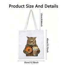 1pc Funny Cat, Donut & Coffee Print Canvas Tote Bag, Fabric Travel Handbag For Daily Use