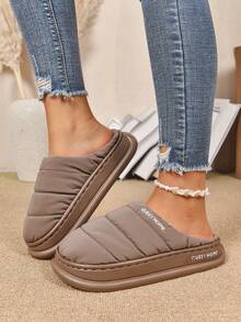 男士绗缝厚底拖鞋，舒适毛绒内里，加厚EVA鞋底，男女通用时尚拖鞋 - 咖啡色 - 查看 1