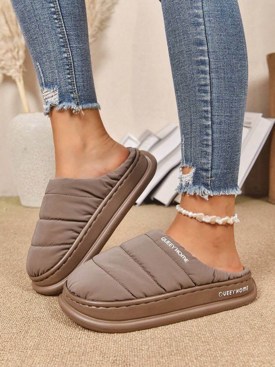 男士绗缝厚底拖鞋，舒适毛绒内里，加厚EVA鞋底，男女通用时尚拖鞋 - 咖啡色 - 查看 1